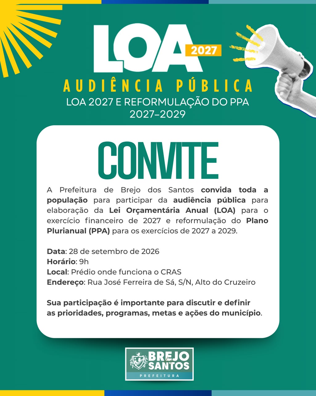 Prefeitura de Brejo dos Santos realiza Audiência Pública para elaboração da LOA 2027 e reformulação do PPA 2027–2029
